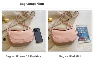 Size comparison of the pink textured shoulder bag with iPad mini and iPhone 14 Pro Max