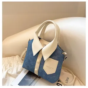 Creative Shirt Shape Design Handbag Women Plaid Denim Patchwork Crossbody Bag With Removable Strap Fashion Tote Bag