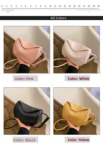 Detail view of four textured PU leather crossbody bags in pink, white, black and yellow