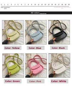 Detailed grid view of stylish leather crossbody bags in six vibrant trendy colors