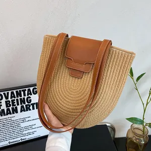 Women Casual Straw Woven Tote Bag Fashion Large Capacity Summer Beach Vacation Shoulder Bag With Synthetic Leather Strap