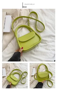 Close-up of a fruit green crossbody bag with a round flap and fixed short handle