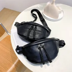 Fashionable black pleated crescent moon crossbody bag with chain and embossed logo