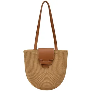 Bohemian semi-circle woven bucket bag with brown faux leather strap for summer