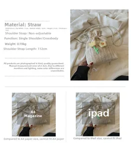 Sac seau en paille avec broderie florale et bandoulière perle à côté d'un iPad pour la taille