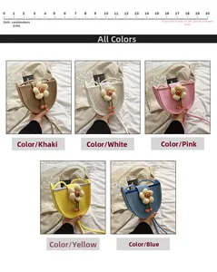 Detail of hand-woven straw crossbody bags with 3D sunflowers in five pastel colors