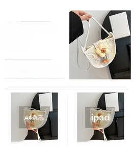 Detail view of woven crossbody bag showing 20x16x6.5cm dimensions compared to iPad