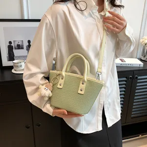 Women Fashion PU Leather Woven Bucket Bag With Cute Plush Doll Pendant Casual Handheld Crossbody Tote Bag Daily Shopping Shoulder Bag