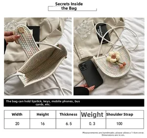 Detailed size chart for beige woven semi-circle bag with cherry and flower charms