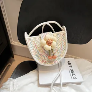 Women Fashion Woven Crossbody Bag Sweet 3D Flower Straw Shoulder Bag Colorful Stitching Half Round Small Purse For Vacation