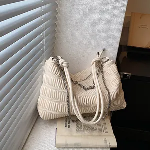 Fashion Women Ruched Tote Bag PU Leather Large Capacity Shoulder Bag With Silver Chain Minimalist Pleated Underarm Bag