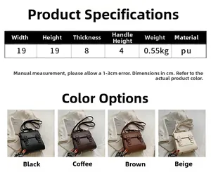 Size chart showing 19x19x8cm dimensions and colors for the vintage PU leather backpack