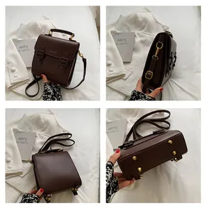 Detail shots showing front, side, and bottom views of a dark brown vintage satchel bag