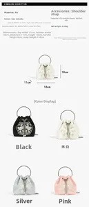 Specifiche dettagliate sulle dimensioni e quattro colori per la borsa a secchiello