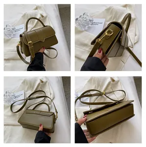 Vues détaillées d'un sac à bandoulière en cuir olive foncé avec finitions dorées
