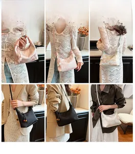 Detailed views of jacquard beaded handbags shown in various colors and outfits