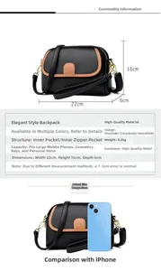 Detail view of leather crossbody bag dimensions 22x16x6cm with phone comparison