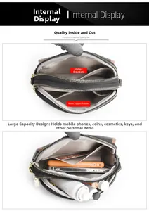 Detail view of multi-layer leather crossbody bag showing internal compartments and storage
