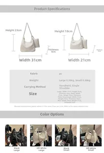 Size chart for women chain bag showing PU material and dimensions in black or beige