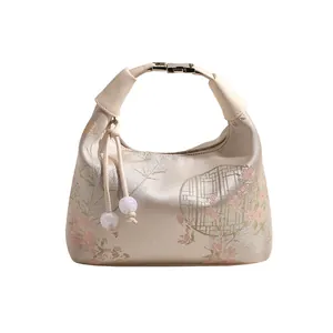 New Chinese style velvet cloud handbag with champagne satin floral embroidery and beads