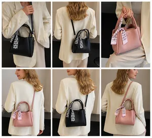Collage of chic textured leather handbags with silk scarf handle and versatile straps