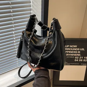 Retro black leather Hobo bag with silver chain and detachable strap for daily commuting