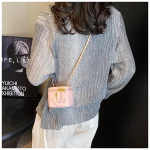 Pink quilted leather mini vanity bag with gold chain strap shown on model shoulder