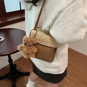 Women Vintage Sherpa Patchwork Crossbody Bag With Teddy Bear Pendant Casual Autumn Winter Suede Texture Shoulder Tote Bag Purse