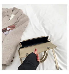 Detailansicht der hellgoldenen Handtasche mit Magnetverschluss und Innenfutter