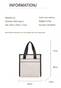 Detailed view of printed tote bag showing dimensions 26cm x 28cm x 13cm with handle