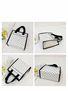 Collage of black and white geometric pattern tote bag showing four different angles