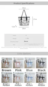 Detailed size chart and specifications for large PU tote bag with cartoon print
