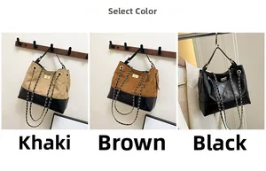 Detailed comparison of khaki, brown, and black quilted chain shoulder bags with gold locks