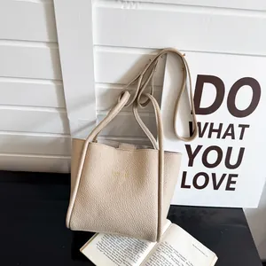 Beige Eimer-Handtasche mit Litschi-Muster, Tragegriff und Schultergurt für Damen