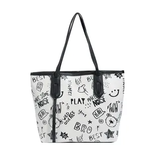 Large capacity white tote bag with black cartoon graffiti prints and leather shoulder straps