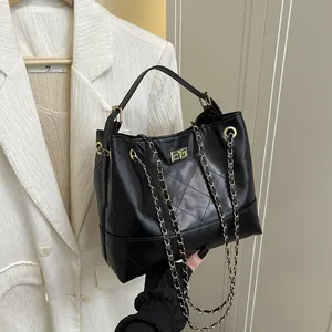 Women Retro Contrast Color Chain Shoulder Bag PU Leather Diamond Quilted Bucket Bag Large Capacity Tote Handbag Crossbody