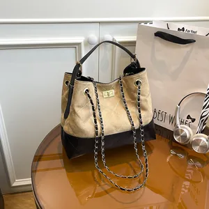 Contrast quilted tote bag with khaki suede and dark coffee leather and chain strap