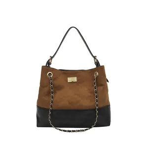 Retro contrast color shoulder bag with quilted stitching and gold chain strap