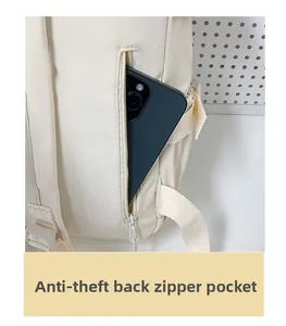 Dettaglio della tasca antifurto posteriore con zip su uno zaino in tessuto oxford beige