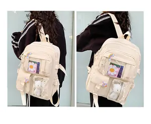 Dettaglio dello zaino crema con design multi-tasche, finestra trasparente e ciondolo orsetto