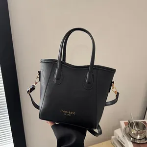 Retro PU Leather Women Handbag Fashion Letter Printed Shoulder Crossbody Bucket Bag Commuting Small Tote Bag Adjustable Strap