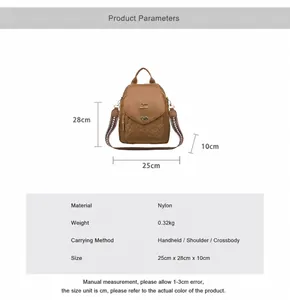 Detailed size chart for nylon backpack with dimensions 25x28x10cm and weight 0.32kg