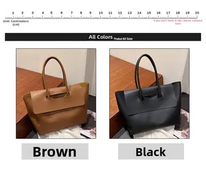 Detailed size comparison of brown and black leather tote bags with 20cm scale ruler