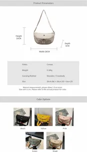 Detalle de las dimensiones y el tejido ligero de 0,16 kg del bolso bandolera de media luna