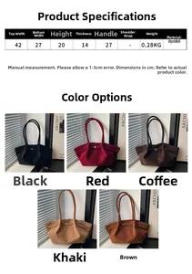 Size guide for large capacity matte tote bag showing dimensions and five colors