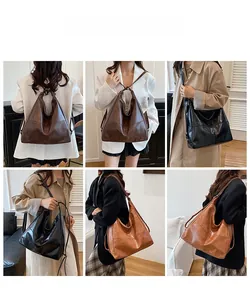 Collage of leather tote bag worn as a shoulder and crossbody bag in multiple colors