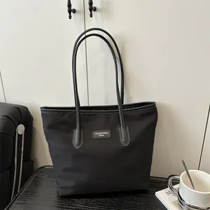 Large Capacity Tote Bag For Women New Urban Minimalist Nylon Shoulder Bag Contrast Leather Trim Handbag Office Commuter Bag