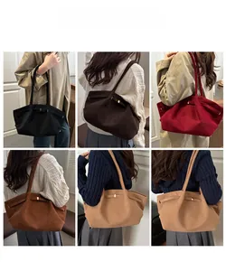 Collage of large matte tote bags in five colors shown on model for style reference