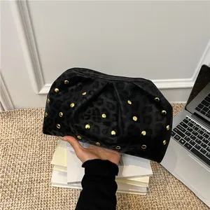 Chic leopard texture clutch with gold rivets and pleated design for modern women