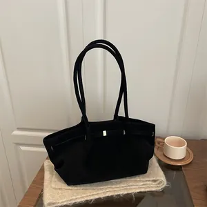 Women Large Capacity Faux Suede Tote Bag Vintage Minimalist Commuting Shoulder Bag With Metal Buckle Versatile Handbag